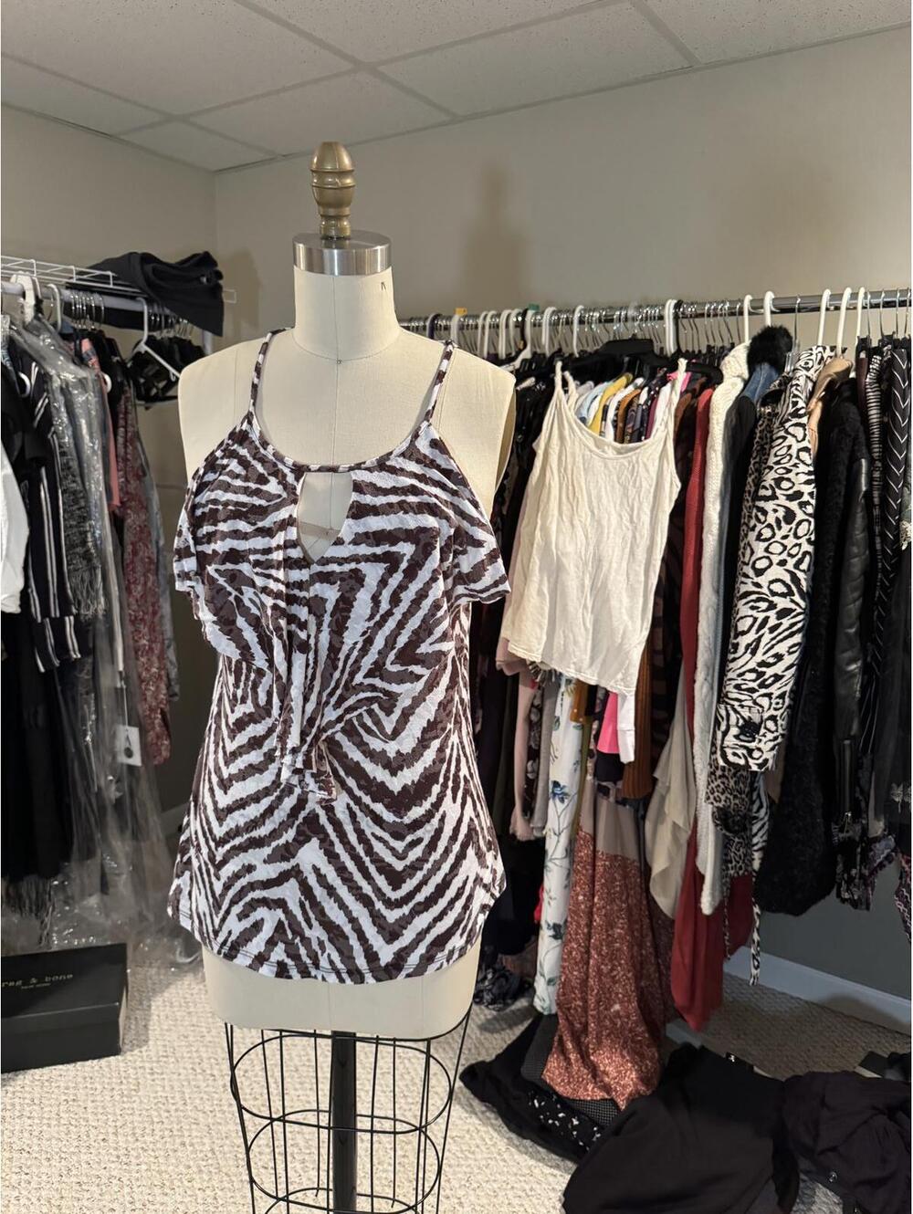 Brown and White Zebra Print Sleeveless Top with Keyhole Detail - Medium
